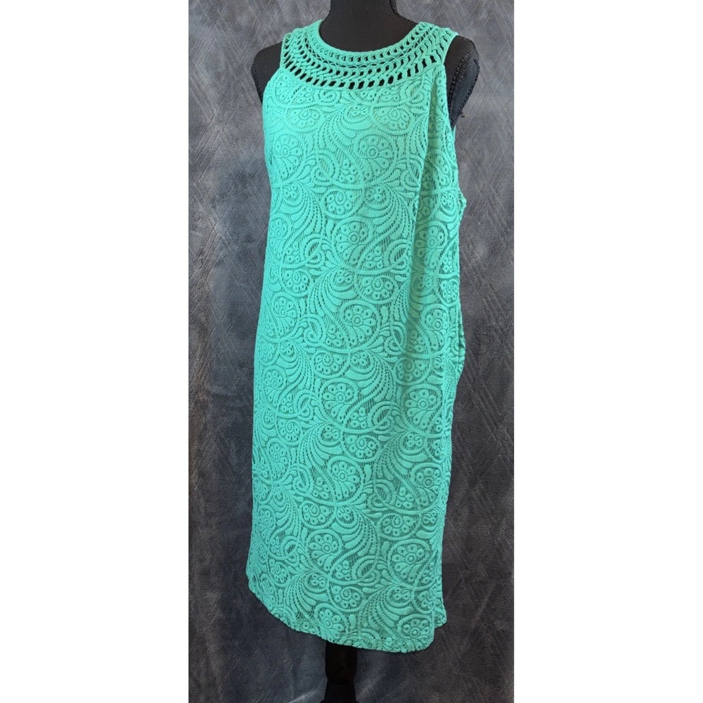 J Howard Teal Green Lace Overlay Sleeveless Sheath Dress Size 14 Wedding Resort